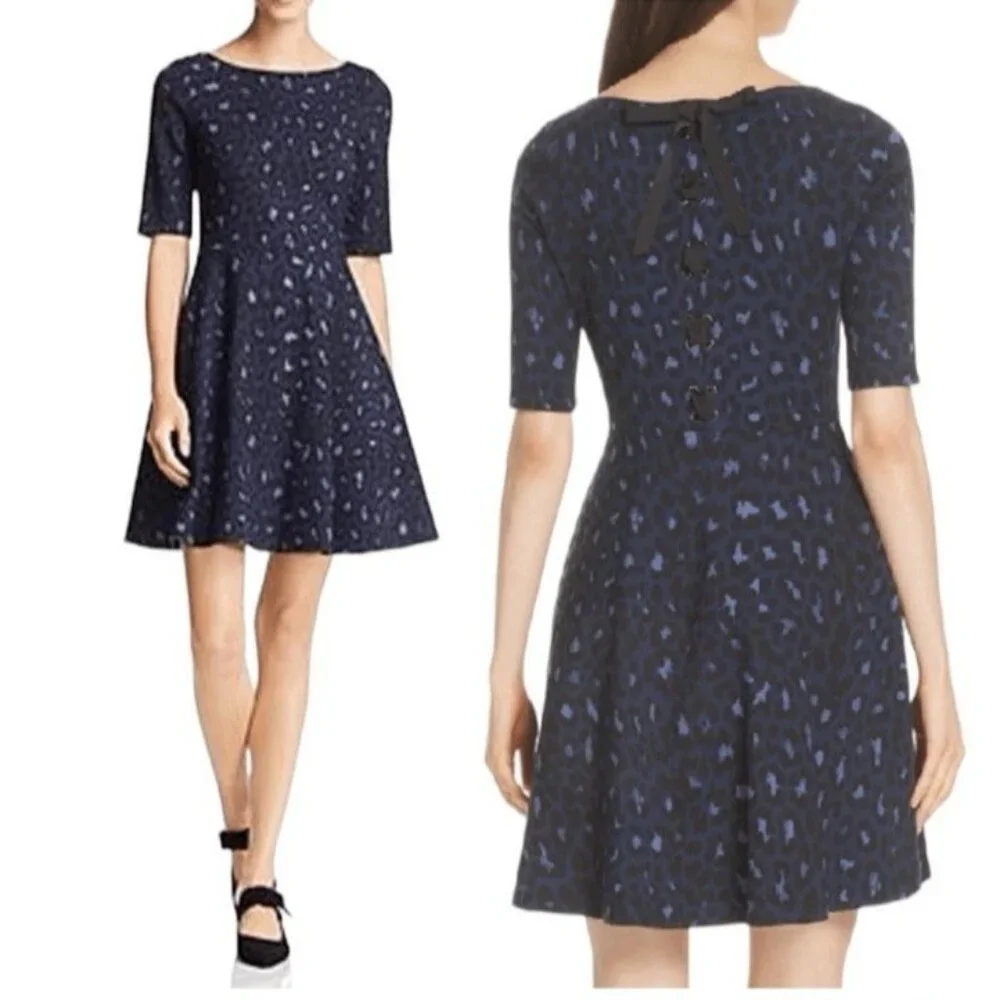Kate Spade Dress S Small Blue Black Leopard Print Short Sleeve Washable NEW